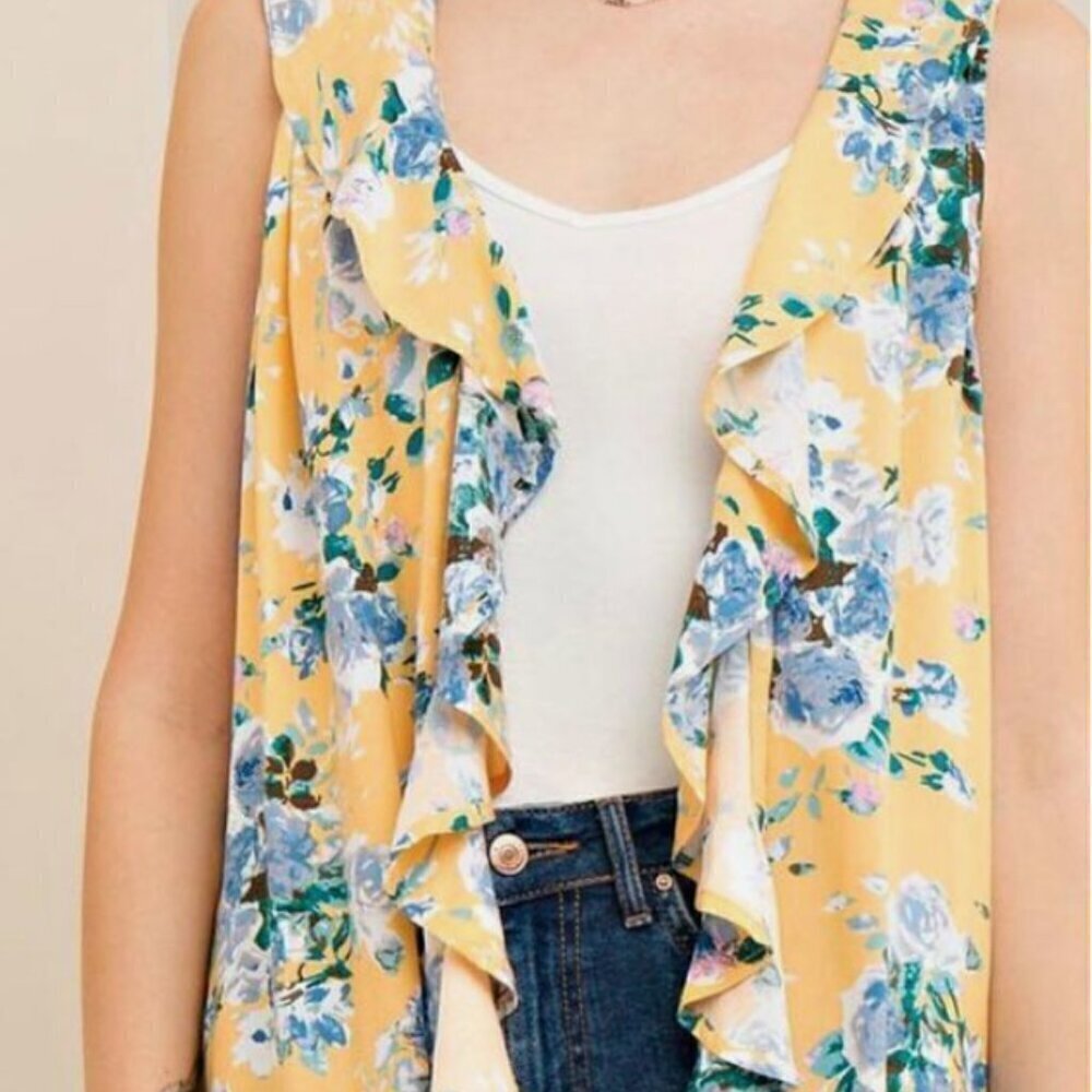 entro EUC yellow/blue floral ruffle front ling line open front cardigan vest L